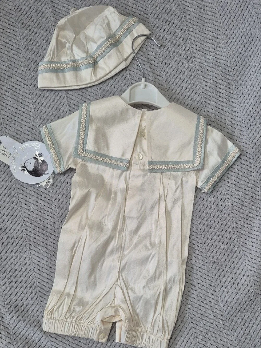NWT Sarah Louise 100% Silk Boys Sailor Christening Formal Romper Hat 2pcs Set 3M